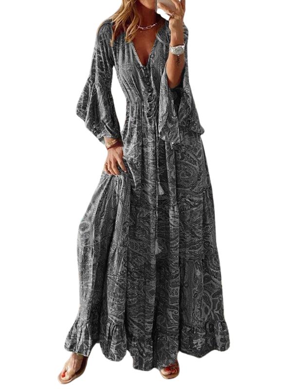 SHOPIQAT Bohemian Style Trumpet Sleeve Printed V-Neck High Waist Holiday Dress Floral Female Long Skirt - Premium from shopiqat - Just $11.150! Shop now at shopiqat